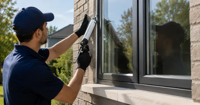 Aluminum window frame with double glazed insulated glass unit installed in a residential wall in Jordan Station, Lincoln