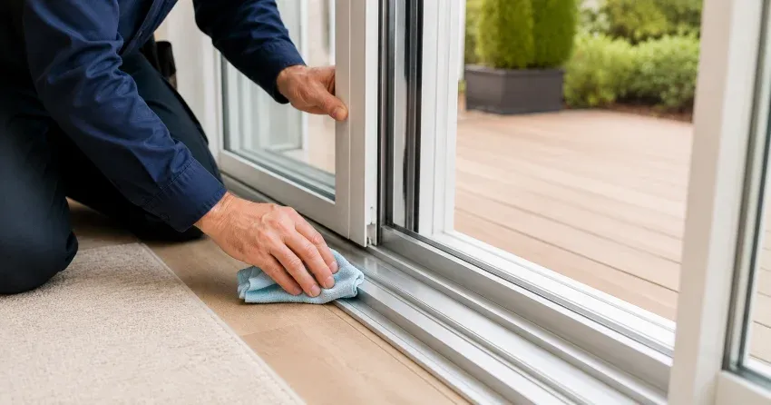 technician inspecting a sliding patio door track in Tintern, Lincoln