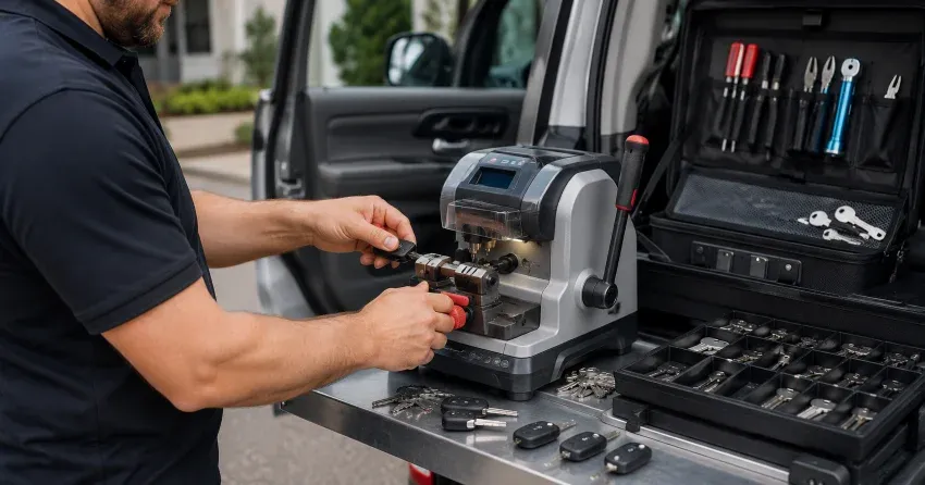 technician cutting a replacement car door lock key in Vineland, Lincoln