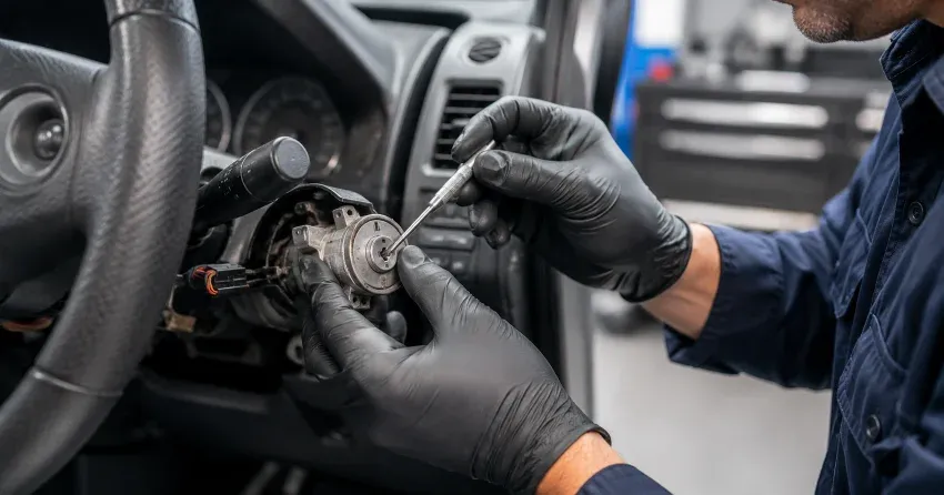 technician diagnosing an ignition lock repair issue in Tintern, Lincoln