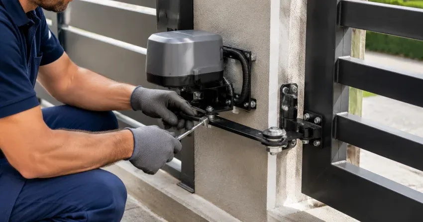 technician diagnosing automatic gate motor and control panel in Beamsville, Lincoln