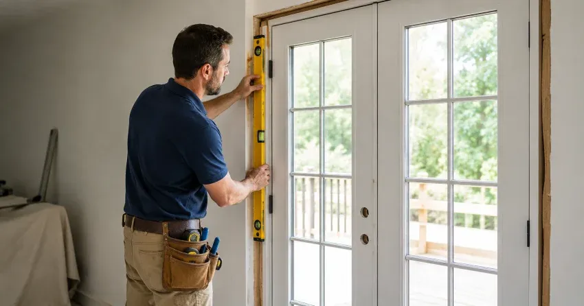 newly installed French doors with divided glass panes in Vineland, Lincoln
