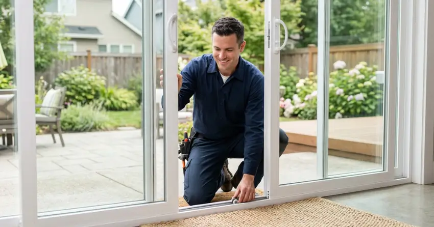 technician diagnosing a sticking patio door in Lincoln