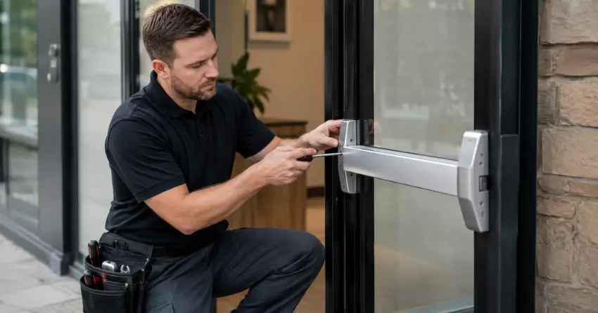 commercial locksmith repairing exit device on storefront door Jordan Station, Lincoln
