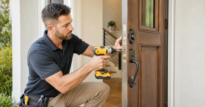locksmith installing new deadbolt lock on front door in Lincoln