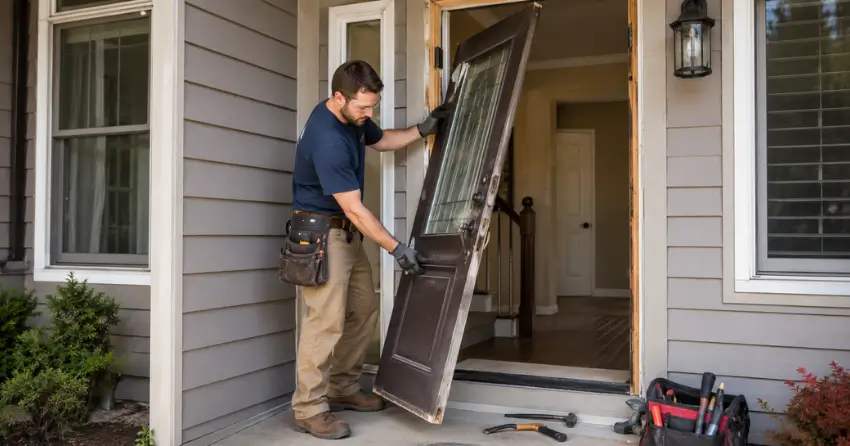 old exterior door being removed for replacement in Beamsville, Lincoln
