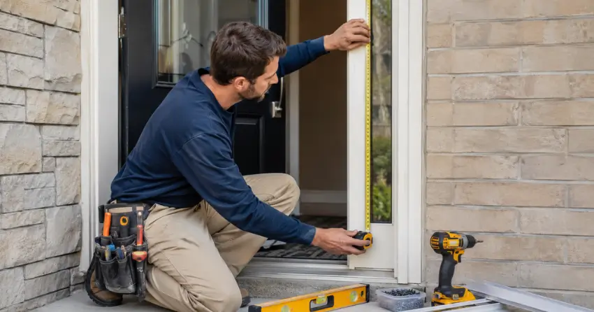 technician measuring door frame before storm door install in Beamsville, Lincoln