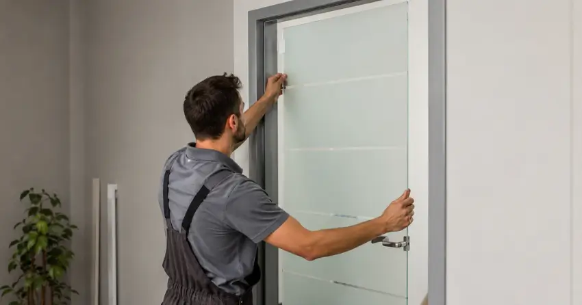 frosted glass interior door panel installation in Prudhommes, Lincoln