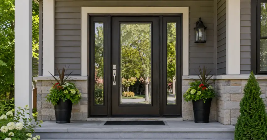 glass entry door with sidelights on a home in Prudhommes, Lincoln