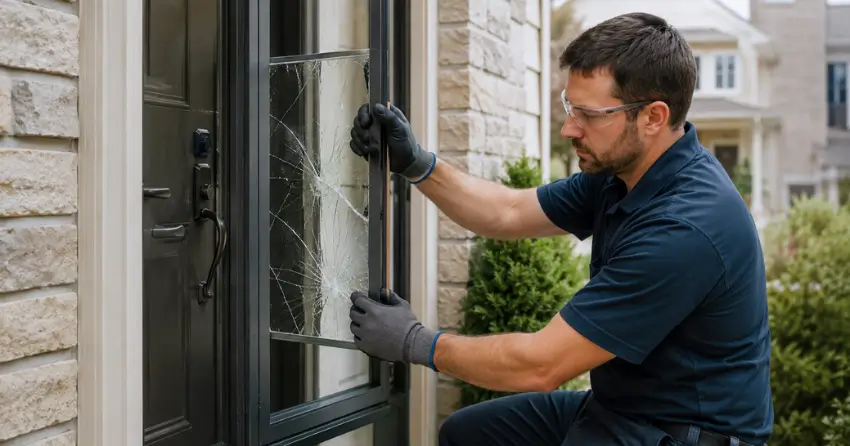 technician removing cracked storm door glass panel in Jordan Station, Lincoln