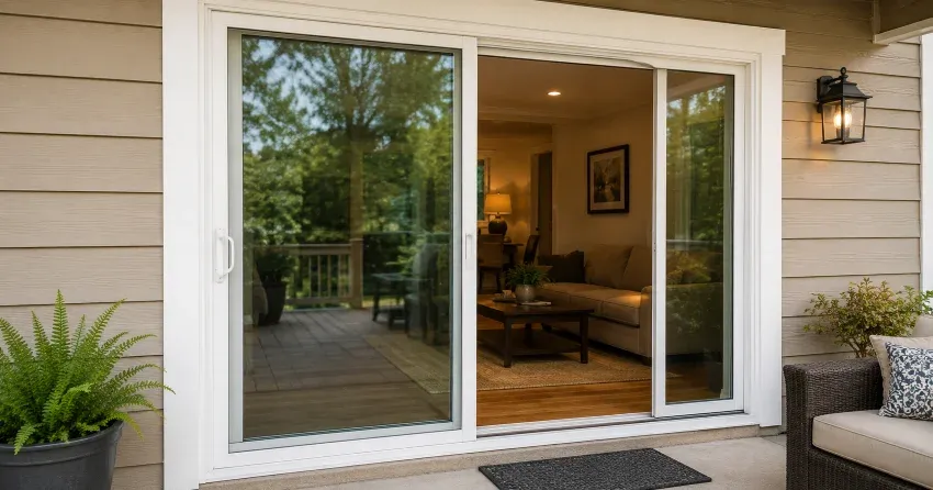 Patio Door Installation technician setting a new frame in Beamsville, Lincoln