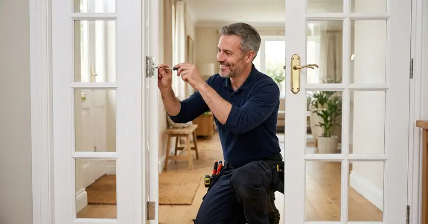 technician adjusting French door hinge for proper alignment in Tintern, Lincoln