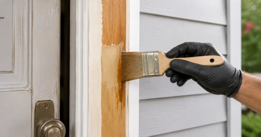 technician probing rotted wood on a door frame in Lincoln