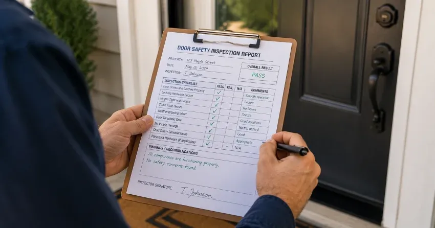 inspector checking strike plate and door frame during safety inspection in Rockway, Lincoln