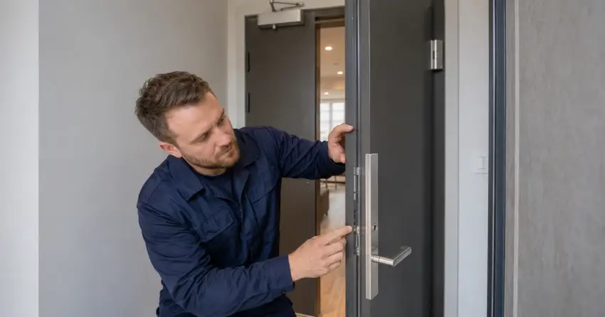 technician inspecting fire-rated door seal and hardware in Jordan Station, Lincoln