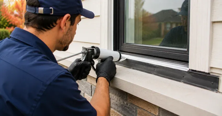 technician inspecting window flashing for leak source in Lincoln